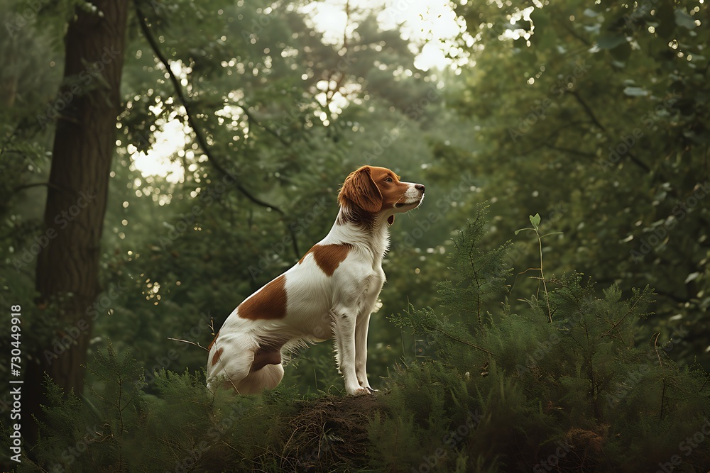 Brittany dog stands on a path in the woods, in the style of light amber and white