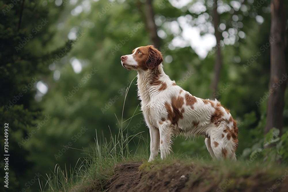Brittany dog stands on a path in the woods, in the style of light amber and white Brittany dog stands on a path in the woods, in the style of light amber and white