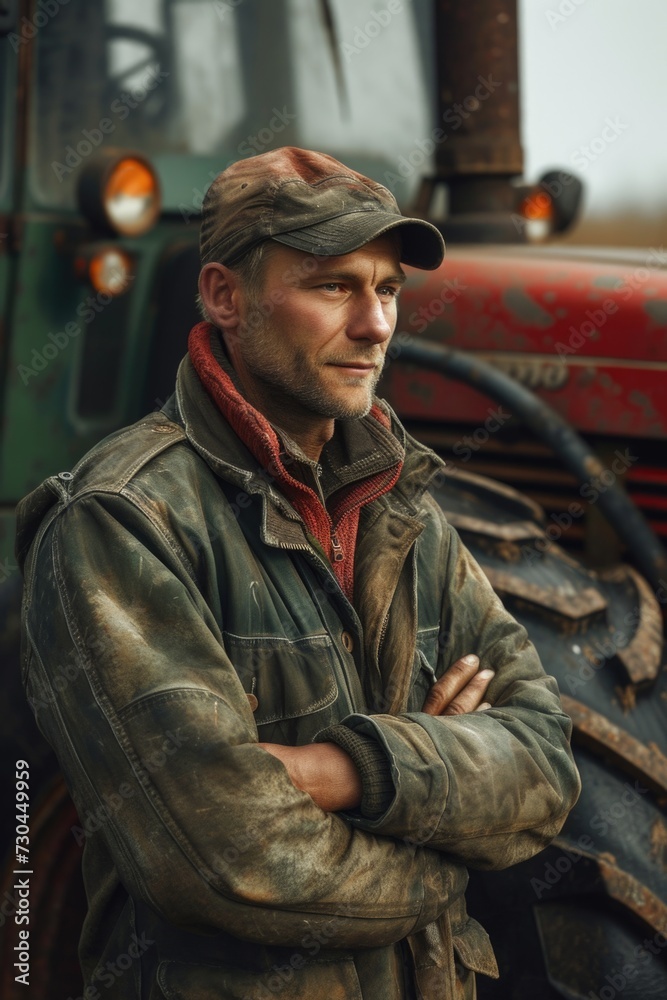 farmer standing in front of a tractor