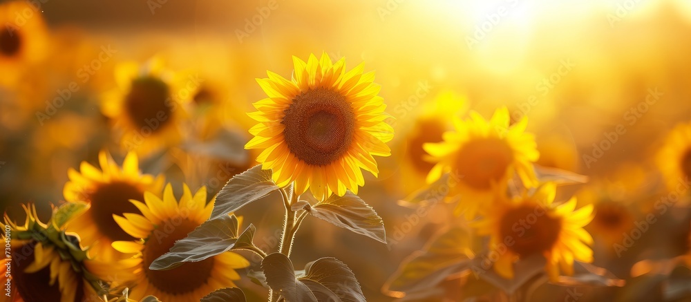 Obraz premium Sustainable sunflower meadow oil made from sunflowers in a field.