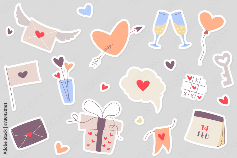 Vector Set of Valentine's day symbols Stickers. Design for cards, posters and posts. Valentine's day, wedding and love concept