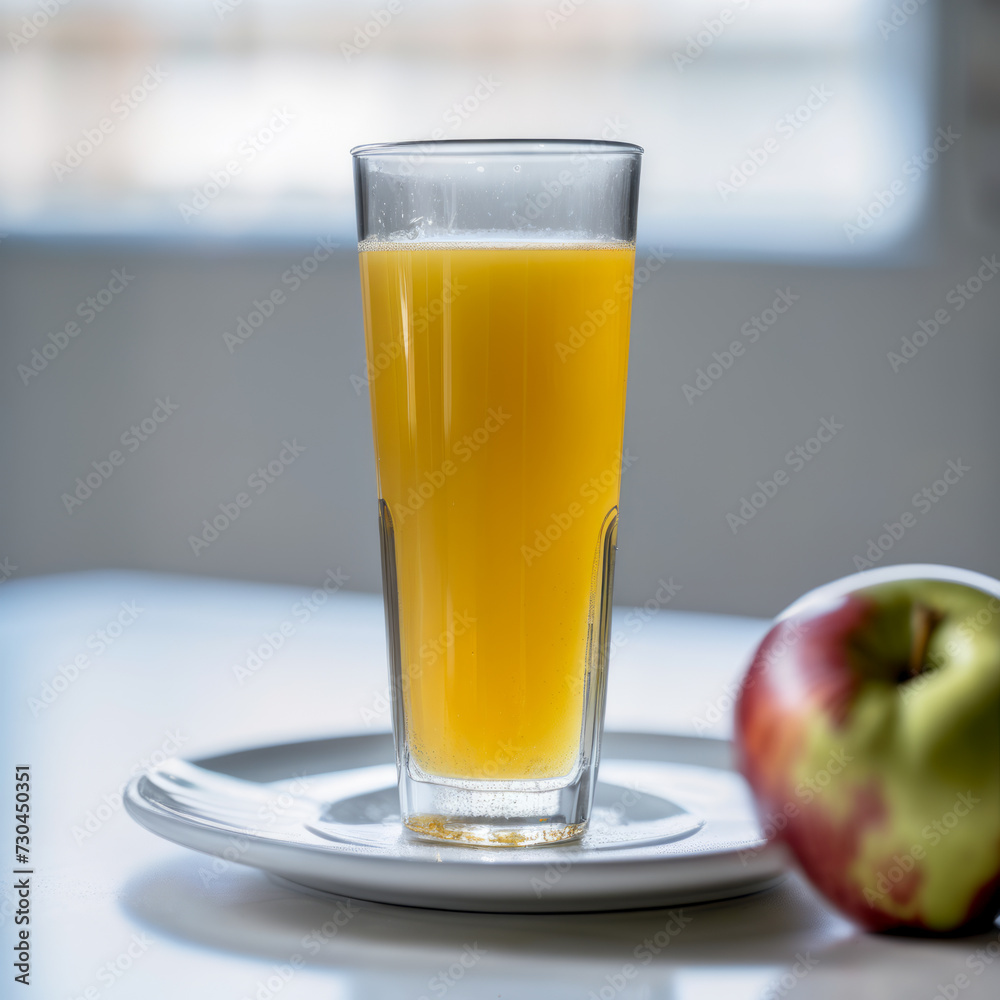 glass of orange juice with a apple beside o top a wooden table glass of orange juice with a apple beside o top a wooden table