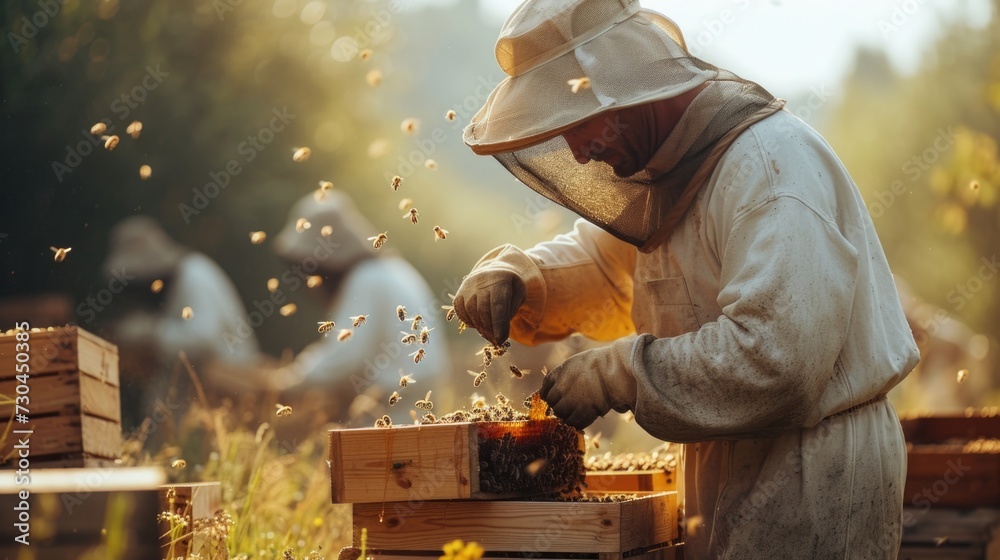 beekeeper collecting honey from bee hives beekeeper collecting honey from bee hives