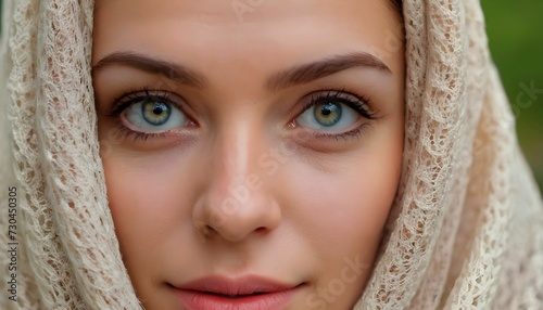 Biblical character. Close up portrait of a woman beautiful eyes with a shawl looking at camera created with generative ai