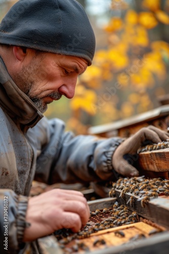 autumn bee man inspecting bee hives pinites, in the style of bokeh panorama