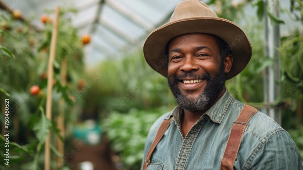 black farmer smiling while standing inside a greenhouse, in the style of social media portraiture, close-up shots