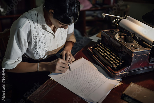 Una persona  trabajando con una maquina de escribir antigua  photo