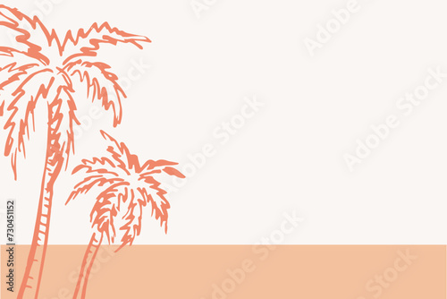 Palms sea background hand drawn vector illustration boho style peach colour, tropic motif. Silhouette summer marine landscape, design banner for text, flyer, poster, card.Vacation , travel, lifestyle