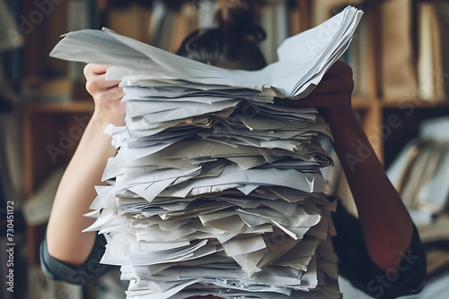 Persona estresada agarrandose la cabeza rodeado de papeles en oficina con exceso de trabajo  photo