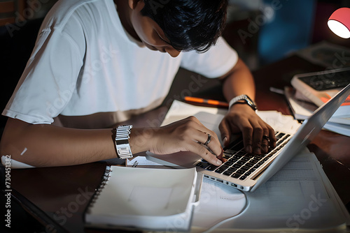 Una persona trabajando en su escritorio  con su laptop  y libros y un  café  photo