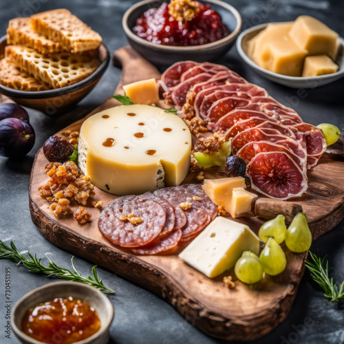 Cheese, prosciutto, salami on a wooden square board