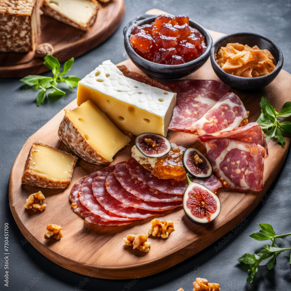 Cheese, prosciutto, salami on a wooden square board