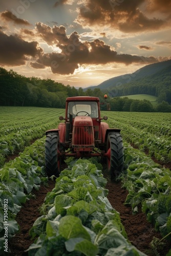 a tractor on a field of green produce