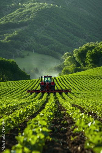 a tractor on a field of green produce