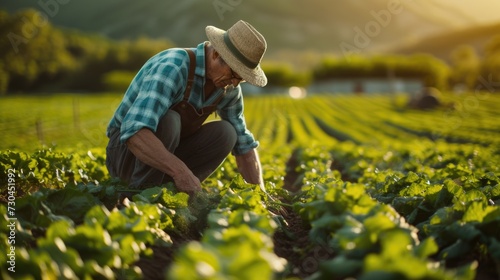 a farmer is working in a field that has vegetables growing on it, in the style of dreamy landscapes