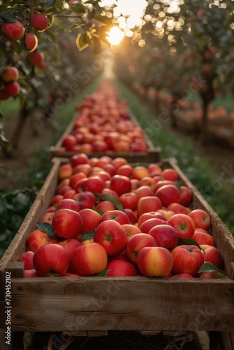 in an apple orchard with a cart full of apples  in the style of light red and light amber  precisionism influence