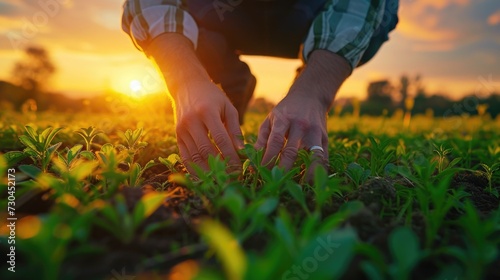 a man is planting a plant on a grassy field at sunset, in the style of light white and light emerald