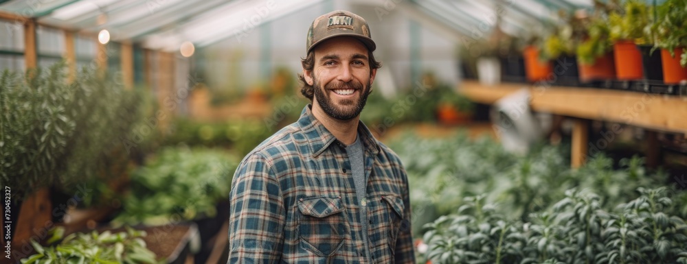 a man in green standing next to many lettuce plants, in the style of soft-focus portraits - obrazy, fototapety, plakaty 