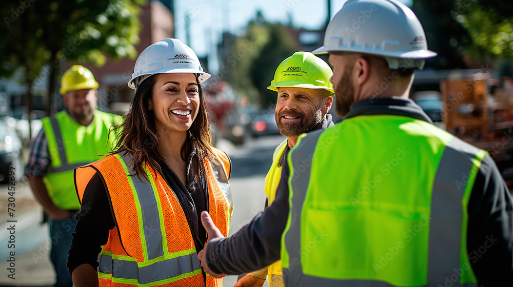 Photograph of a male and female construction worker welcoming a new co-worker. Photograph of a male and female construction worker welcoming a new co-worker.