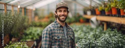 a man in green standing next to many lettuce plants, in the style of soft-focus portraits