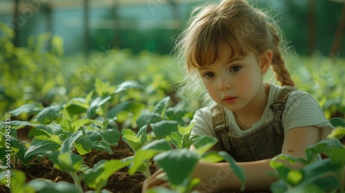 a little girl picking plants in the field, in the style of innovative