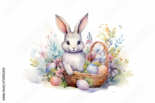 Cute Easter bunny in flowers, with a basket of eggs. Watercolor © Cat business