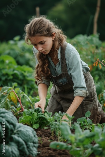 girl working in garden taking care of vegetables, in the style of youthful protagonists