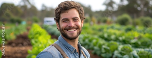 Joyful Gardener: A Man Smiles Among Eco-Architecture's Verdant Vegetable Rows.