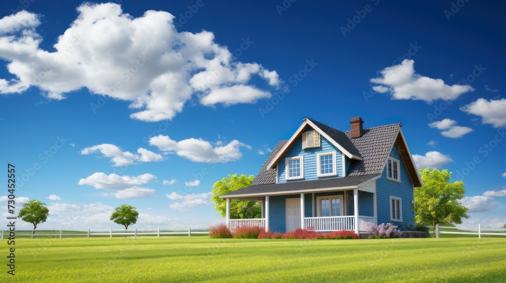 Family home, Real estate property business with a photo of a modern minimalist house, with a bright blue sky background, copy space background wallpaper.