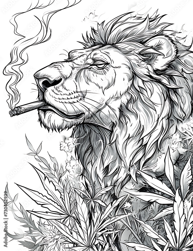 Obraz premium Un dibujo a blanco y negro de un león fumando con fondo blanco 