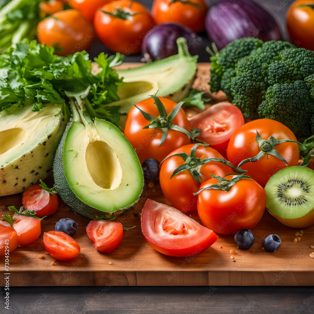Healthy food composed of fruits and vegetables on a wooden table Healthy food composed of fruits and vegetables on a wooden table