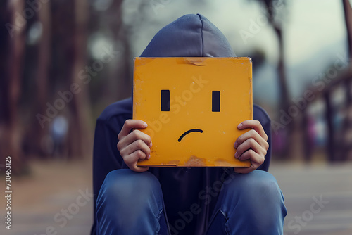 Una persona sentado con emoji de cartón preocupado en la cabeza 