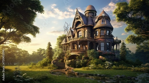 Illustration of a fantasy world old castle house