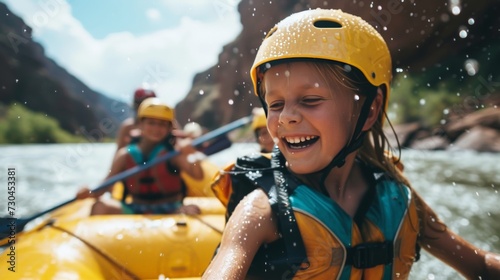 close up of family river rafting down the colorado river,  young girl smiling wearing yellow helmet with water splashing