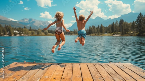 photograph of A little boy and little girl jumping off the dock into a beautiful mountain lake. Having fun on a summer vacation,   photo