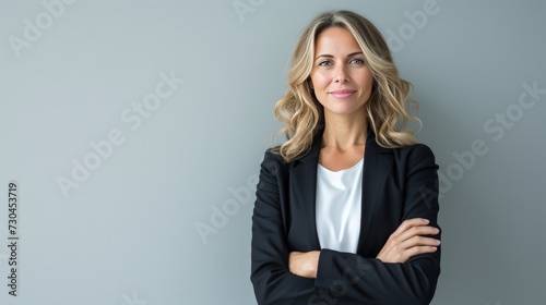 Portrait of handsome smiling 40 year old female business woman with folded arms copy space