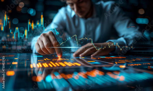 businessman analyzes financial data and interacts with the business growth graph