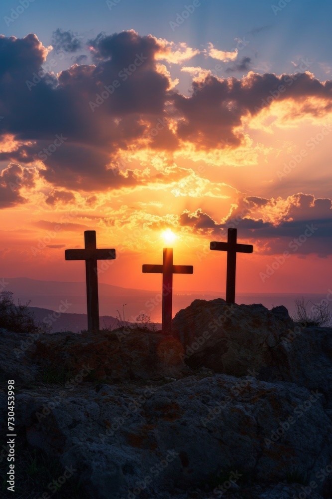 silhouette of three crosses on a rock, sunset on the background, easter concept silhouette of three crosses on a rock, sunset on the background, easter concept