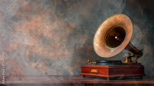 View of an old vintage gramophone on a table with copy space. Music and retro style. seamless looping time-lapse virtual video animation background photo