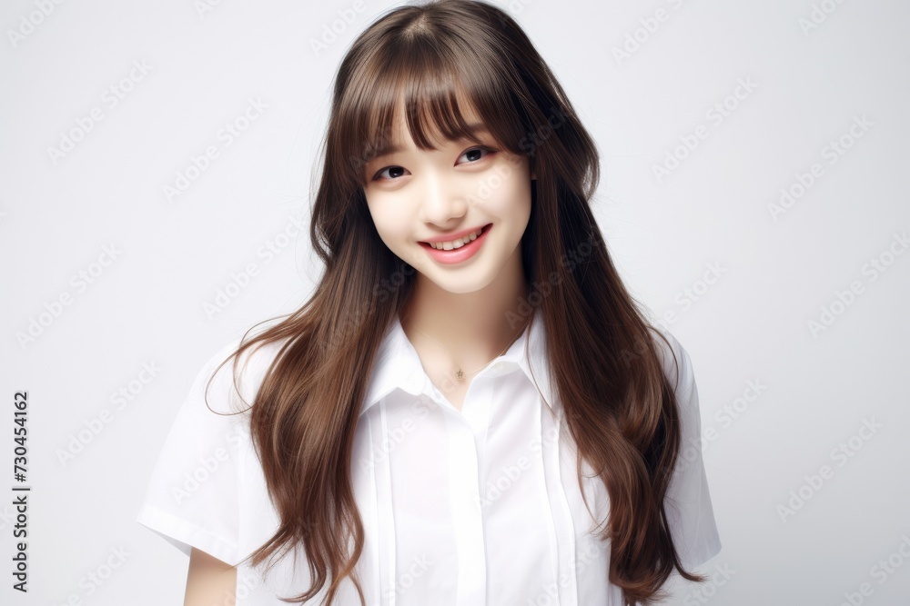 Young Asian woman, clad in a white shirt, stands before a white backdrop with her beautiful straight hair, exuding confidence with her smile. Generative AI. Young Asian woman, clad in a white shirt, stands before a white backdrop with her beautiful straight hair, exuding confidence with her smile. Generative AI.