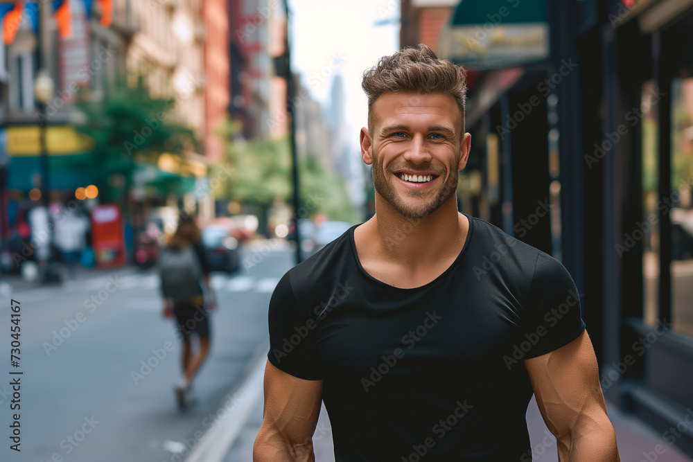 Urban Appeal, Smiling Muscular Man in Black Tee on Busy Street Urban Appeal, Smiling Muscular Man in Black Tee on Busy Street