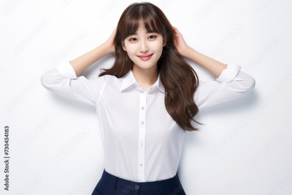 Young Asian woman, clad in a white shirt, stands before a white backdrop with her beautiful straight hair, exuding confidence with her smile. Generative AI.