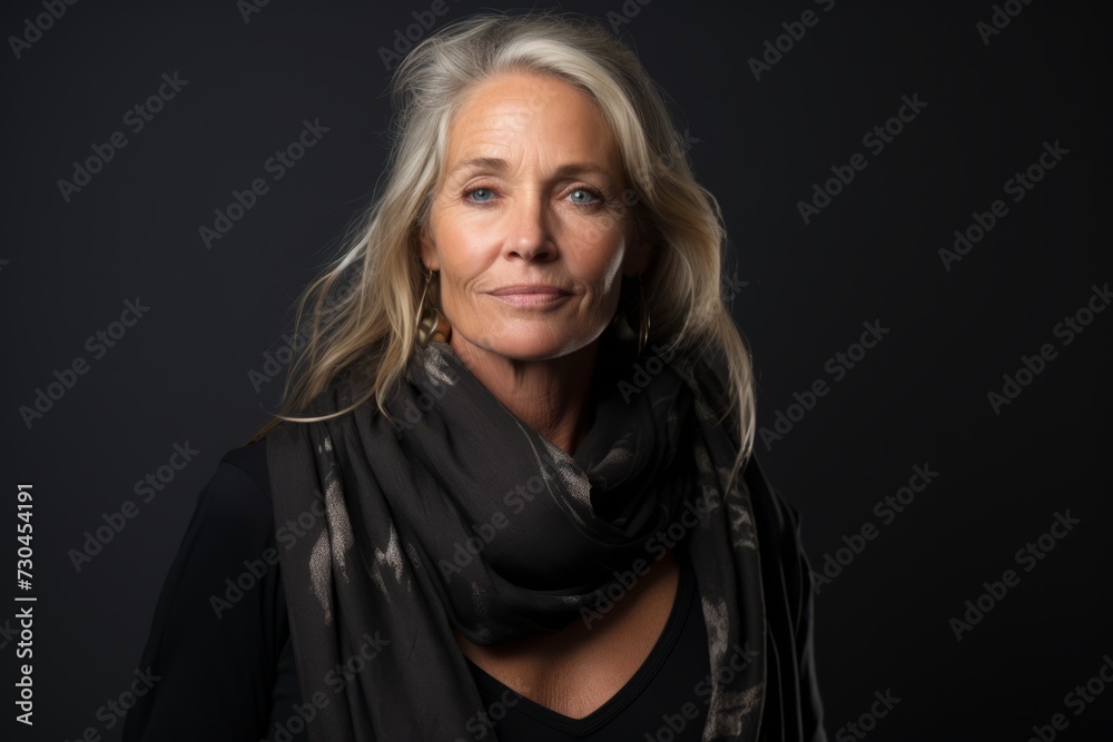 Portrait of a beautiful senior woman wearing scarf over black background. Portrait of a beautiful senior woman wearing scarf over black background.