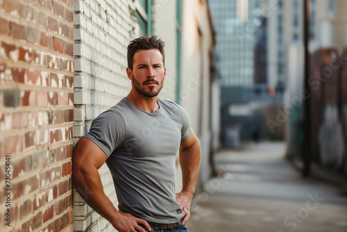 Casual Confidence, Man in Grey T-shirt by Brick Alleyway