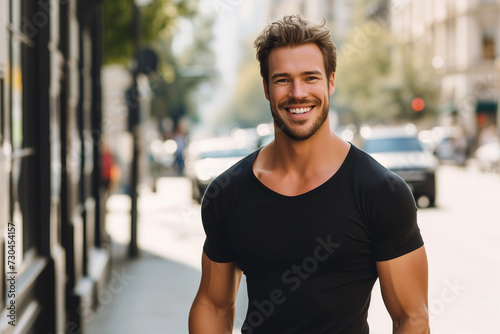 City Charisma, Smiling Man in Fitted T-shirt Enjoying Urban Sunshine