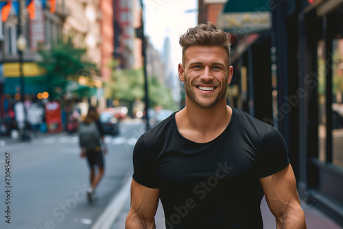 Urban Appeal, Smiling Muscular Man in Black Tee on Busy Street