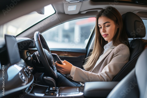 Modern Mobility, Stylish Woman Using Technology in Luxury Car © Serge's AI Art