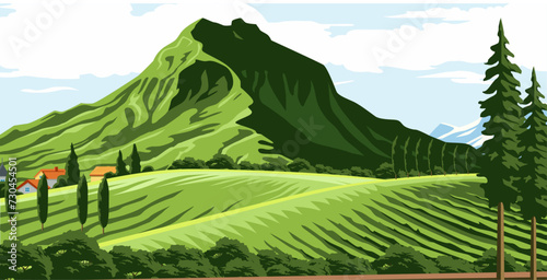vector design of natural scenery in beautiful countryside  with plantation fields  mountains and trees all around