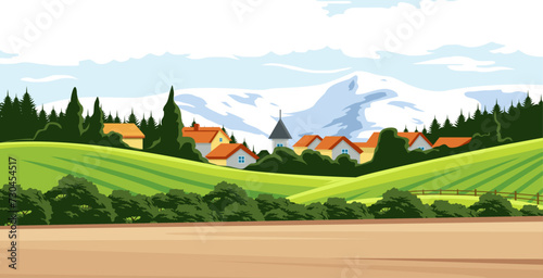 vector design of natural scenery in beautiful countryside, with plantation fields and clear skies