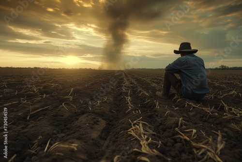 Despairing farmer, scorched fields under drought, twisted dying crops, bleak agricultural landscape